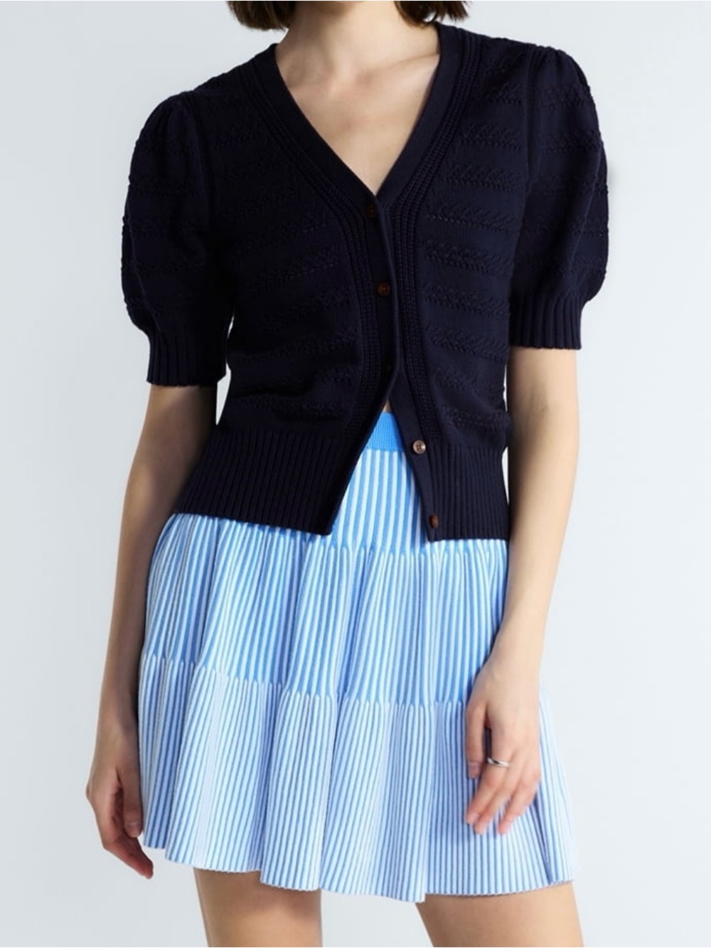 Free Assembly Cotton Crochet Button Front Cardigan Sweater W/Puff Sleeves